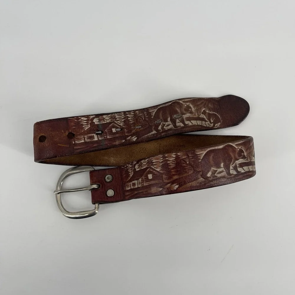Vintage 1960s Boys Leather Belt Size 22 Hand-Carved Western Design